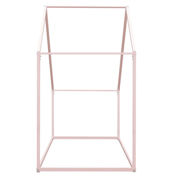HomeRoots Pink Metal Twin House Bed - Charming Playful Design with Sturdy Construction for a Cozy Kids’ Room 606510