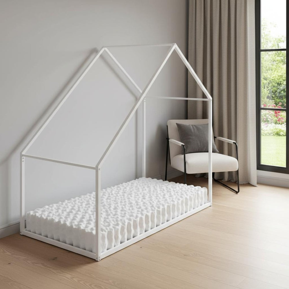 HomeRoots White Metal Twin House Bed - Stylish, Durable Frame with Easy Assembly for Cozy Kids' Rooms or Guests 606511