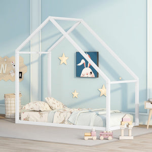 HomeRoots White Metal Twin House Bed - Stylish, Durable Frame with Easy Assembly for Cozy Kids' Rooms or Guests 606511