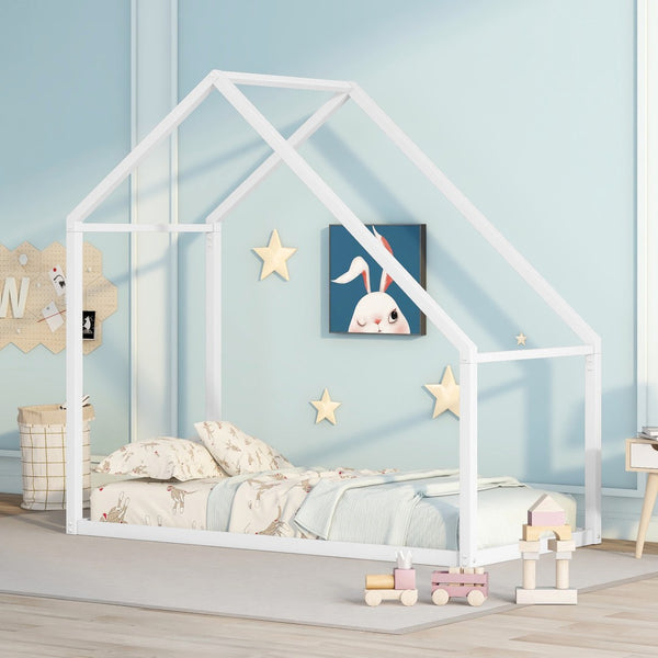 HomeRoots White Metal Twin House Bed - Stylish, Durable Frame with Easy Assembly for Cozy Kids' Rooms or Guests 606511