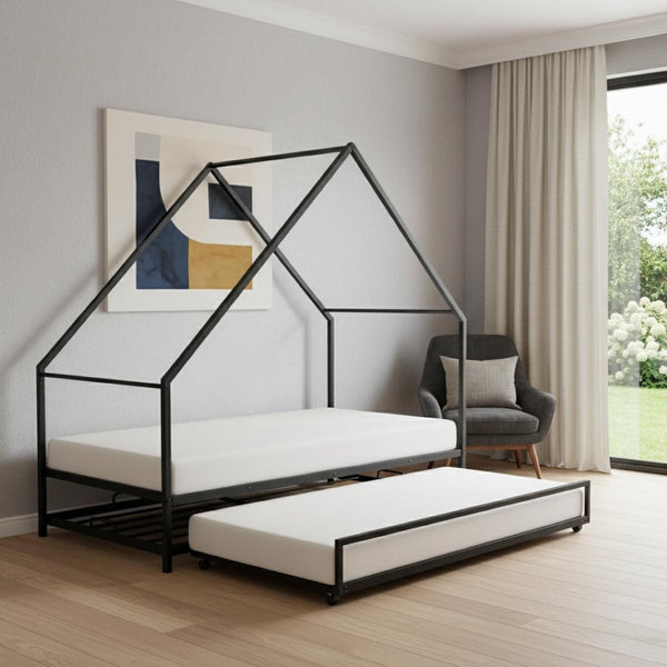 HomeRoots Black Metal Twin Canopy Bed Frame with Trundle - Stylish, Space-Saving Design for Any Room 606512