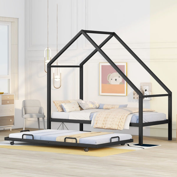 HomeRoots Black Metal Twin Canopy Bed Frame with Trundle - Stylish, Space-Saving Design for Any Room 606512