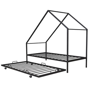 HomeRoots Black Metal Twin Canopy Bed Frame with Trundle - Stylish, Space-Saving Design for Any Room 606512