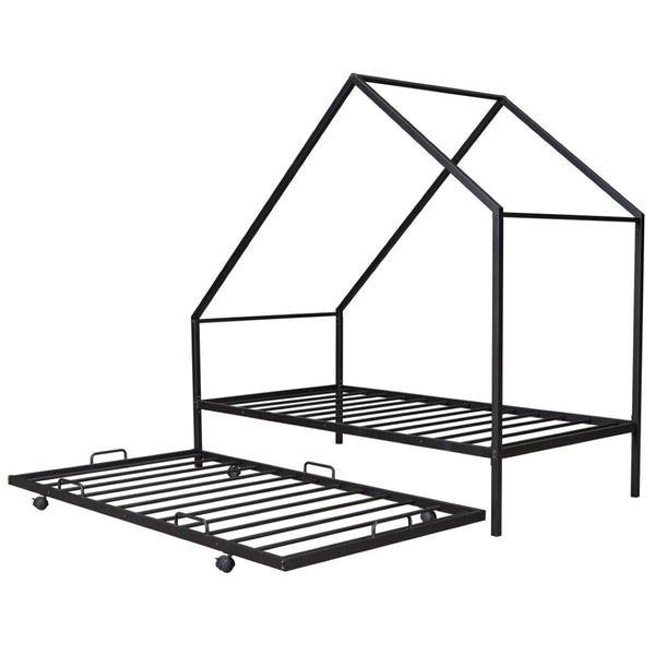 HomeRoots Black Metal Twin Canopy Bed Frame with Trundle - Stylish, Space-Saving Design for Any Room 606512