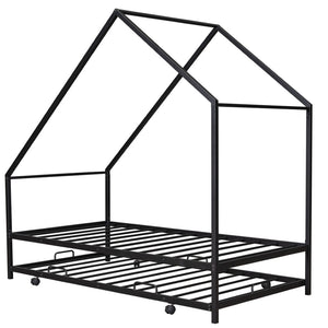 HomeRoots Black Metal Twin Canopy Bed Frame with Trundle - Stylish, Space-Saving Design for Any Room 606512