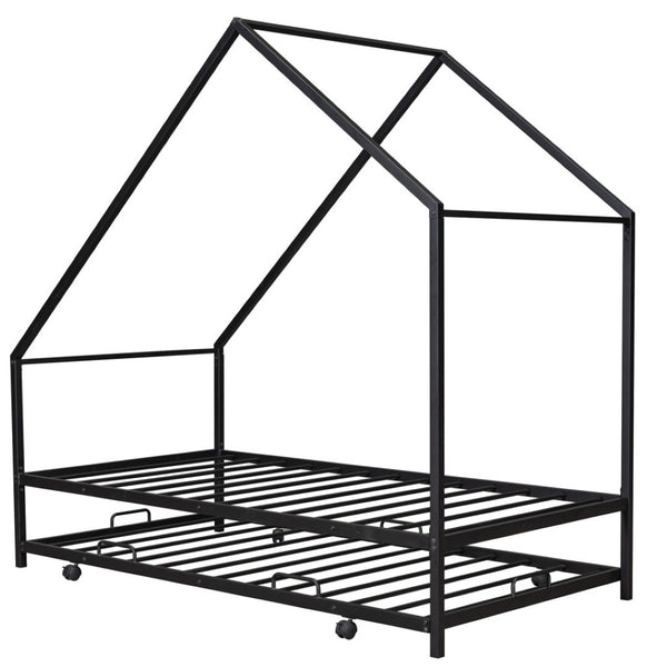 HomeRoots Black Metal Twin Canopy Bed Frame with Trundle - Stylish, Space-Saving Design for Any Room 606512