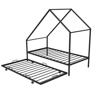 HomeRoots Black Metal Twin Canopy Bed Frame with Trundle - Stylish, Space-Saving Design for Any Room 606512