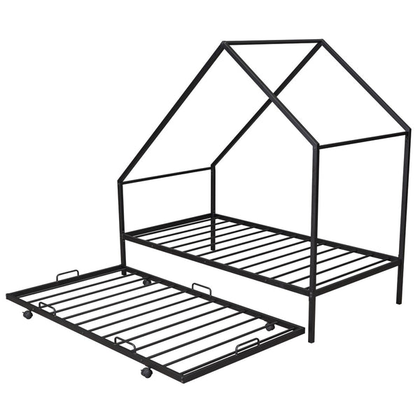 HomeRoots Black Metal Twin Canopy Bed Frame with Trundle - Stylish, Space-Saving Design for Any Room 606512