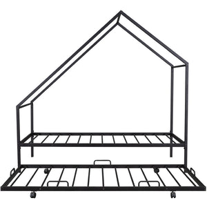 HomeRoots Black Metal Twin Canopy Bed Frame with Trundle - Stylish, Space-Saving Design for Any Room 606512