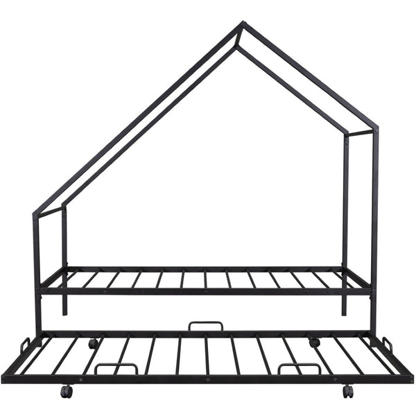 HomeRoots Black Metal Twin Canopy Bed Frame with Trundle - Stylish, Space-Saving Design for Any Room 606512