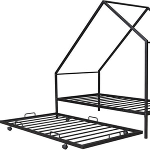 HomeRoots Black Metal Twin Canopy Bed Frame with Trundle - Stylish, Space-Saving Design for Any Room 606512