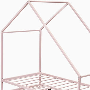 HomeRoots Pink Metal Twin House Bed with Trundle – Fun, Sturdy, and Cozy Sleep Solution for Kids & Guests 606513
