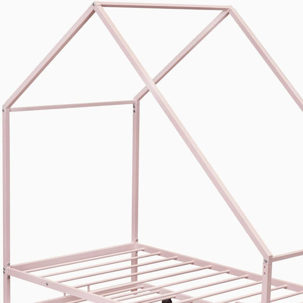 HomeRoots Pink Metal Twin House Bed with Trundle – Fun, Sturdy, and Cozy Sleep Solution for Kids & Guests 606513