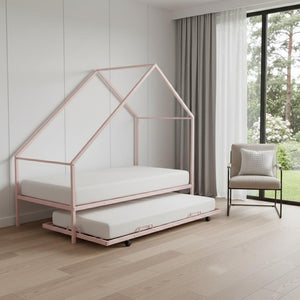 HomeRoots Pink Metal Twin House Bed with Trundle – Fun, Sturdy, and Cozy Sleep Solution for Kids & Guests 606513