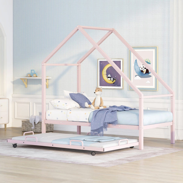 HomeRoots Pink Metal Twin House Bed with Trundle – Fun, Sturdy, and Cozy Sleep Solution for Kids & Guests 606513