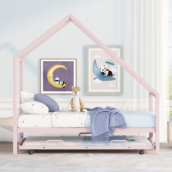HomeRoots Pink Metal Twin House Bed with Trundle – Fun, Sturdy, and Cozy Sleep Solution for Kids & Guests 606513