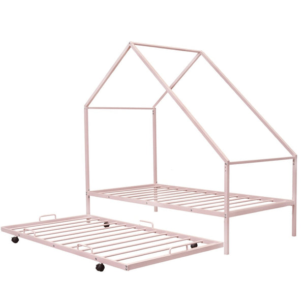 HomeRoots Pink Metal Twin House Bed with Trundle – Fun, Sturdy, and Cozy Sleep Solution for Kids & Guests 606513