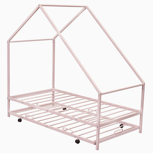 HomeRoots Pink Metal Twin House Bed with Trundle – Fun, Sturdy, and Cozy Sleep Solution for Kids & Guests 606513