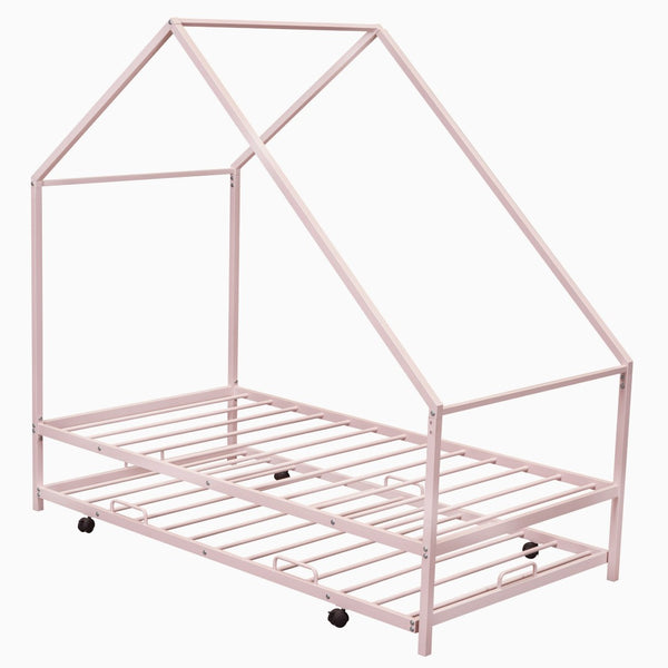HomeRoots Pink Metal Twin House Bed with Trundle – Fun, Sturdy, and Cozy Sleep Solution for Kids & Guests 606513