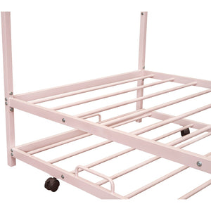HomeRoots Pink Metal Twin House Bed with Trundle – Fun, Sturdy, and Cozy Sleep Solution for Kids & Guests 606513