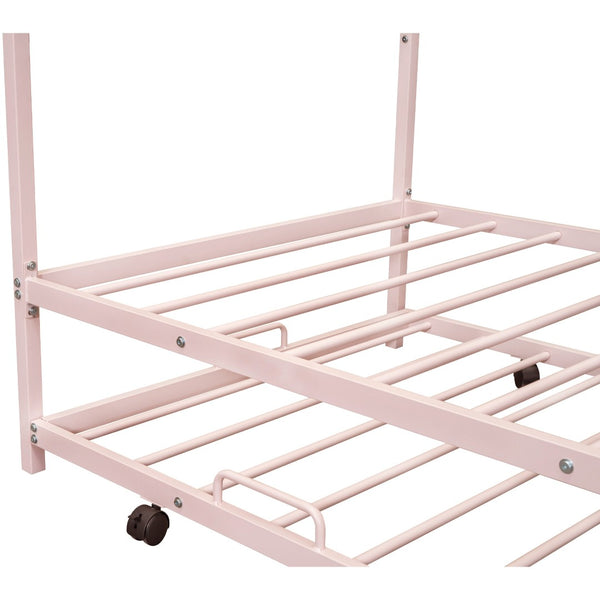 HomeRoots Pink Metal Twin House Bed with Trundle – Fun, Sturdy, and Cozy Sleep Solution for Kids & Guests 606513