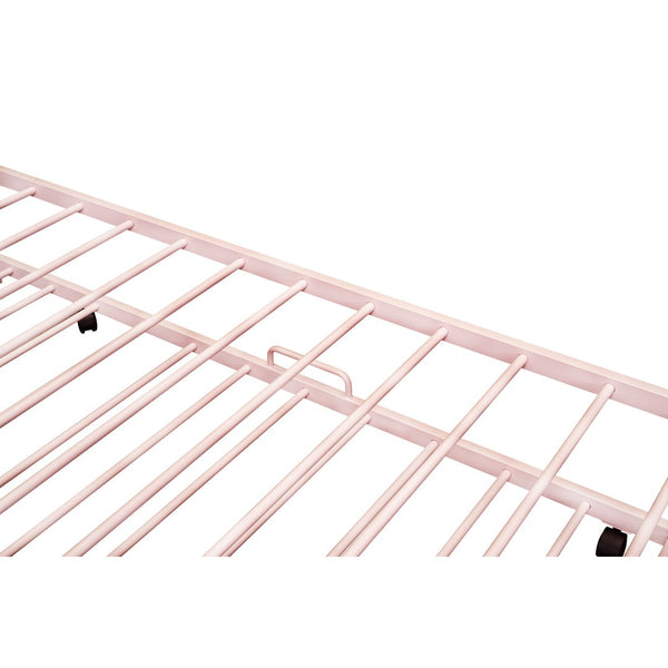 HomeRoots Pink Metal Twin House Bed with Trundle – Fun, Sturdy, and Cozy Sleep Solution for Kids & Guests 606513