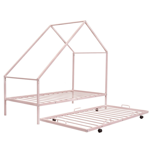 HomeRoots Pink Metal Twin House Bed with Trundle – Fun, Sturdy, and Cozy Sleep Solution for Kids & Guests 606513