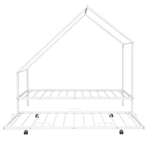 HomeRoots White Metal Twin Canopy Bed Frame with Trundle - Stylish, Durable Design for Kids and Guests! 606514