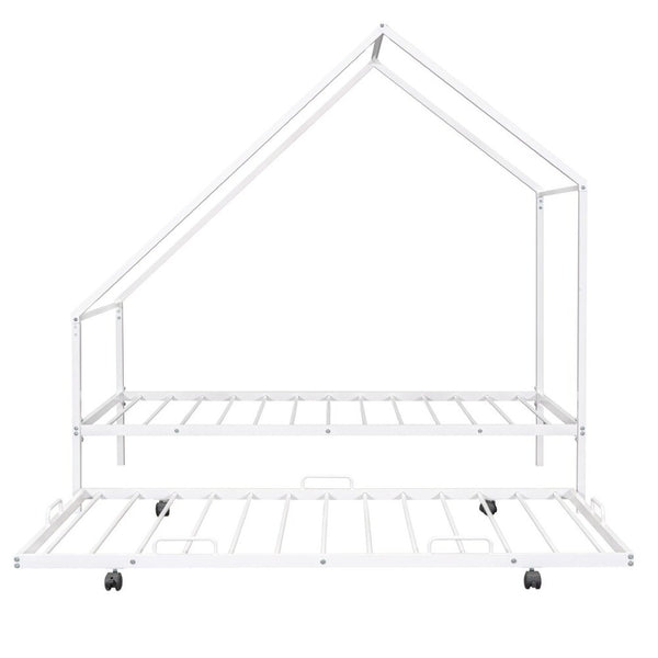 HomeRoots White Metal Twin Canopy Bed Frame with Trundle - Stylish, Durable Design for Kids and Guests! 606514