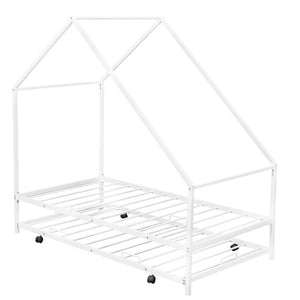 HomeRoots White Metal Twin Canopy Bed Frame with Trundle - Stylish, Durable Design for Kids and Guests! 606514