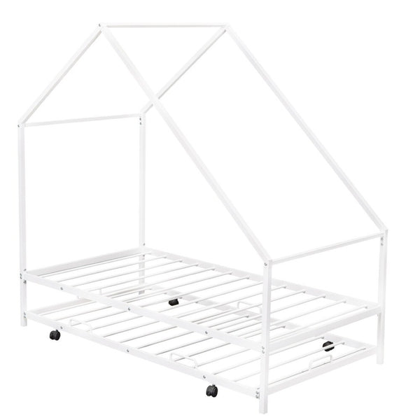HomeRoots White Metal Twin Canopy Bed Frame with Trundle - Stylish, Durable Design for Kids and Guests! 606514