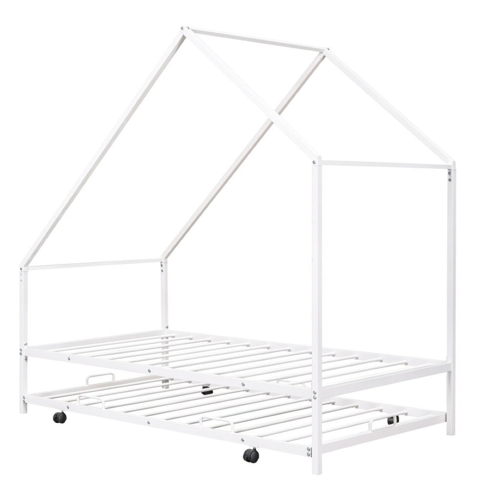 HomeRoots White Metal Twin Canopy Bed Frame with Trundle - Stylish, Durable Design for Kids and Guests! 606514