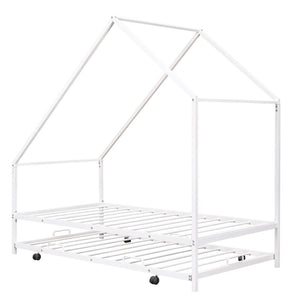HomeRoots White Metal Twin Canopy Bed Frame with Trundle - Stylish, Durable Design for Kids and Guests! 606514