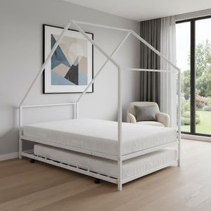 HomeRoots White Metal Twin Canopy Bed Frame with Trundle - Stylish, Durable Design for Kids and Guests! 606514