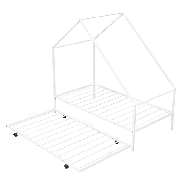 HomeRoots White Metal Twin Canopy Bed Frame with Trundle - Stylish, Durable Design for Kids and Guests! 606514