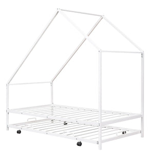HomeRoots White Metal Twin Canopy Bed Frame with Trundle - Stylish, Durable Design for Kids and Guests! 606514
