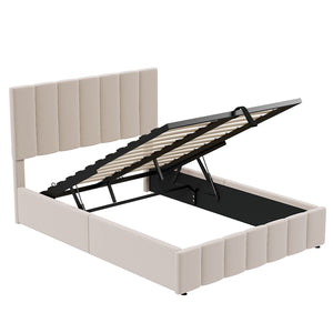 HomeRoots Beige Linen Upholstered Full Bed Frame – Modern Comfort, Stylish Design, No Box Spring Needed! 606515