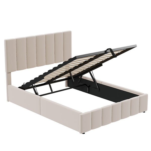 HomeRoots Beige Linen Upholstered Full Bed Frame – Modern Comfort, Stylish Design, No Box Spring Needed! 606515