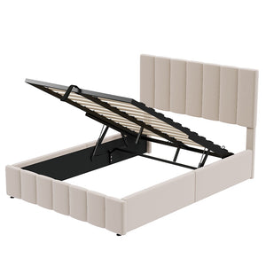 HomeRoots Beige Linen Upholstered Full Bed Frame – Modern Comfort, Stylish Design, No Box Spring Needed! 606515