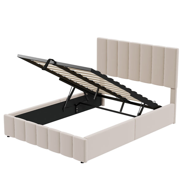 HomeRoots Beige Linen Upholstered Full Bed Frame – Modern Comfort, Stylish Design, No Box Spring Needed! 606515