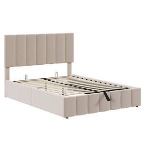HomeRoots Beige Linen Upholstered Full Bed Frame – Modern Comfort, Stylish Design, No Box Spring Needed! 606515