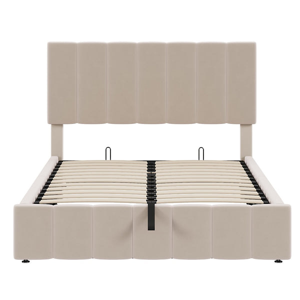 HomeRoots Beige Linen Upholstered Full Bed Frame – Modern Comfort, Stylish Design, No Box Spring Needed! 606515