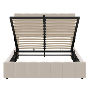 HomeRoots Beige Linen Upholstered Full Bed Frame – Modern Comfort, Stylish Design, No Box Spring Needed! 606515