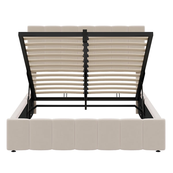 HomeRoots Beige Linen Upholstered Full Bed Frame – Modern Comfort, Stylish Design, No Box Spring Needed! 606515