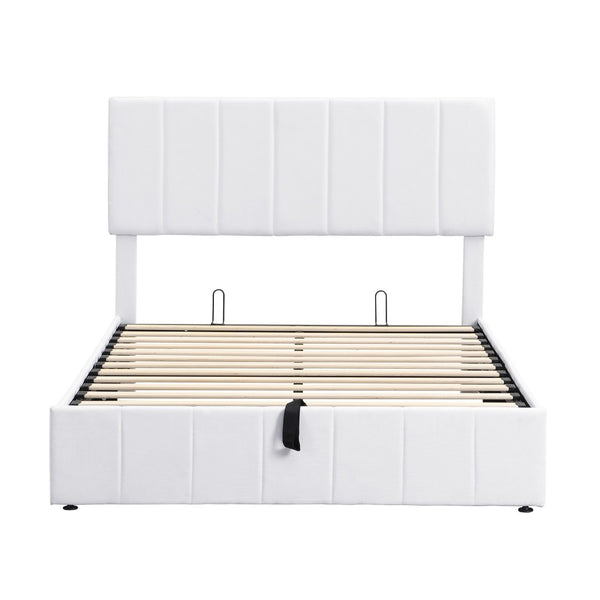 HomeRoots White Linen Upholstered Full Bed Frame – Modern, Sturdy Design with Padded Headboard for Comfort 606516