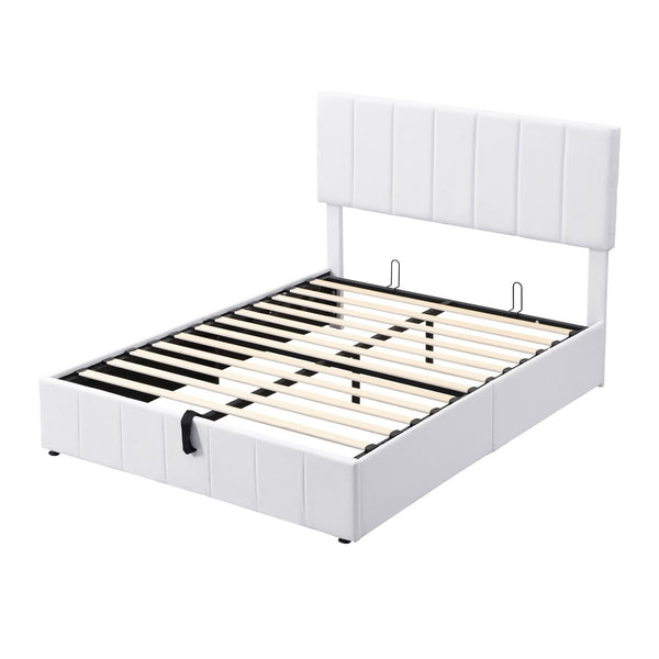HomeRoots White Linen Upholstered Full Bed Frame – Modern, Sturdy Design with Padded Headboard for Comfort 606516
