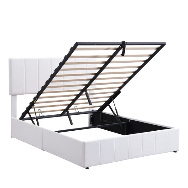 HomeRoots White Linen Upholstered Full Bed Frame – Modern, Sturdy Design with Padded Headboard for Comfort 606516