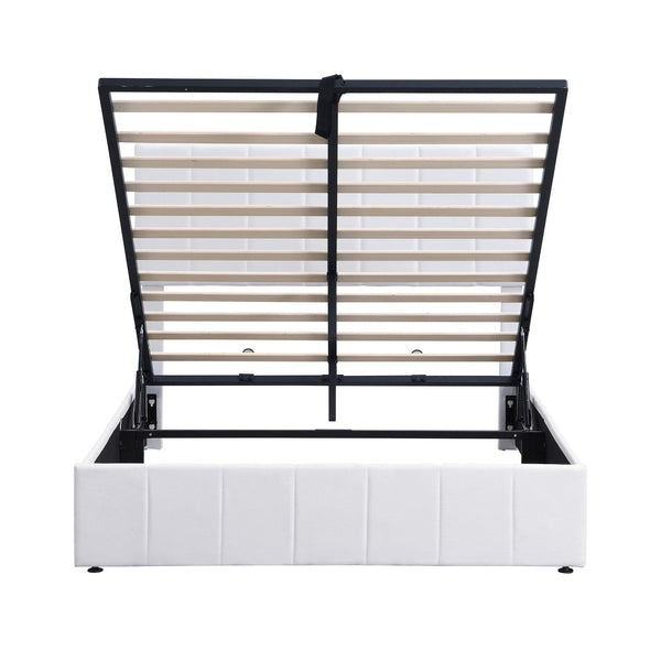 HomeRoots White Linen Upholstered Full Bed Frame – Modern, Sturdy Design with Padded Headboard for Comfort 606516