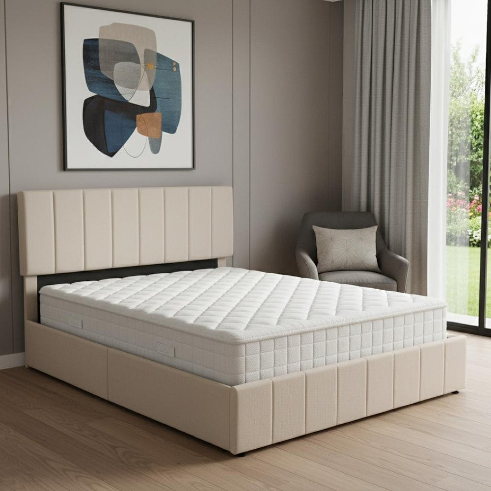 HomeRoots Beige Linen Upholstered Queen Bed Frame - Stylish Platform Design for Comfort & Modern Elegance 606517