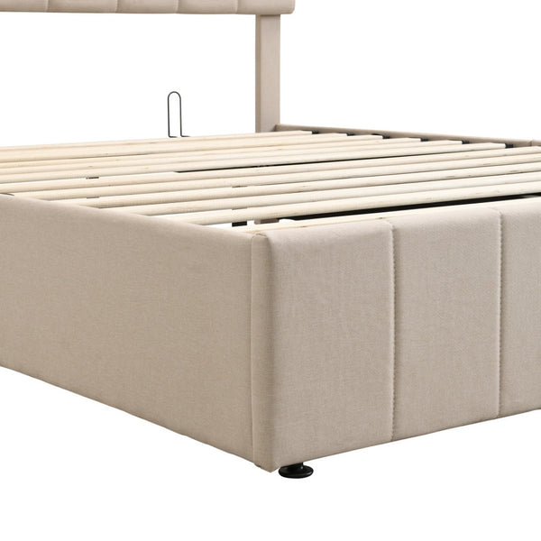 HomeRoots Beige Linen Upholstered Queen Bed Frame - Stylish Platform Design for Comfort & Modern Elegance 606517